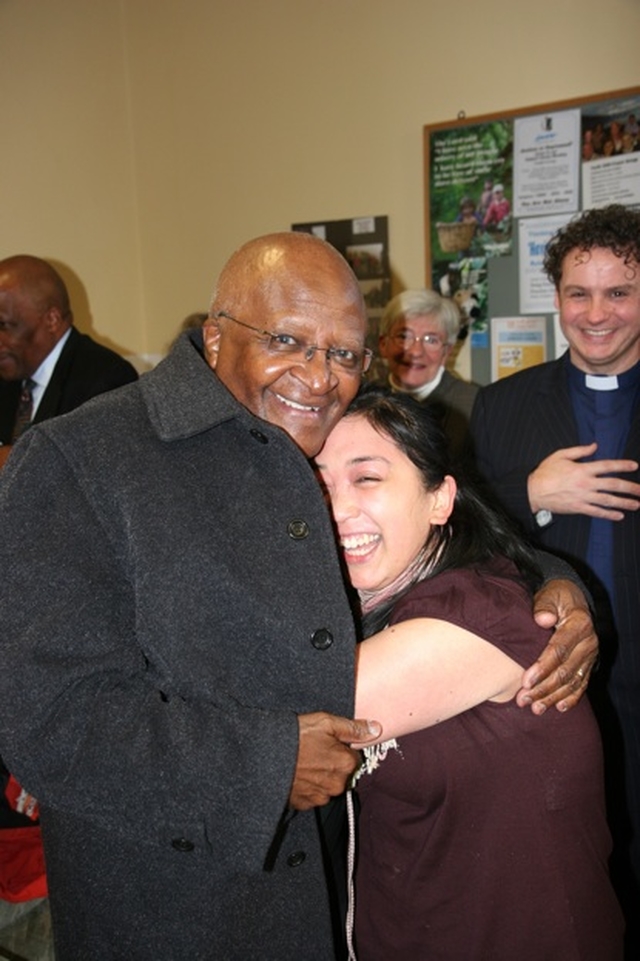 The former Archbishop of Cape Town, the Rt Revd Desmond Tutu with a friend during his visit to Trinity College, Dublin.