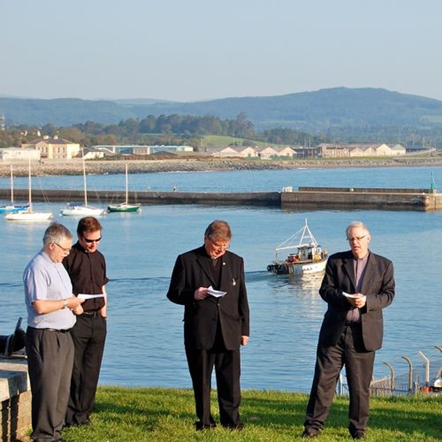 Wicklow and Killiskey Parish held an ecumenical Sonrise Service at Wicklow Harbour to celebrate Pentecost. Pictured are Revd Ken Rue, Associate Vicar of Wicklow and Killiskey; Methodist Minister, Revd Ivor Owens; Father Tim Hannon PP Wicklow; and Rector of Wicklow and Killiskey, Canon John Clarke. (Photo: Lesley Rue)