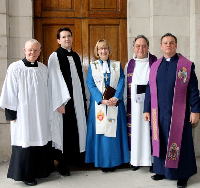 The President of the Methodist Church in Ireland, the Revd Dr Heather Morris, was the preacher at this year’s Trinity Monday Service of Commemoration and Thanksgiving in the college chapel this morning (Monday April 7). She is pictured (centre) with the college chaplains The Revd Paddy Gleeson, the Revd Darren McCallig, the Revd Peter Sexton and the Revd Julian Hamilton. 