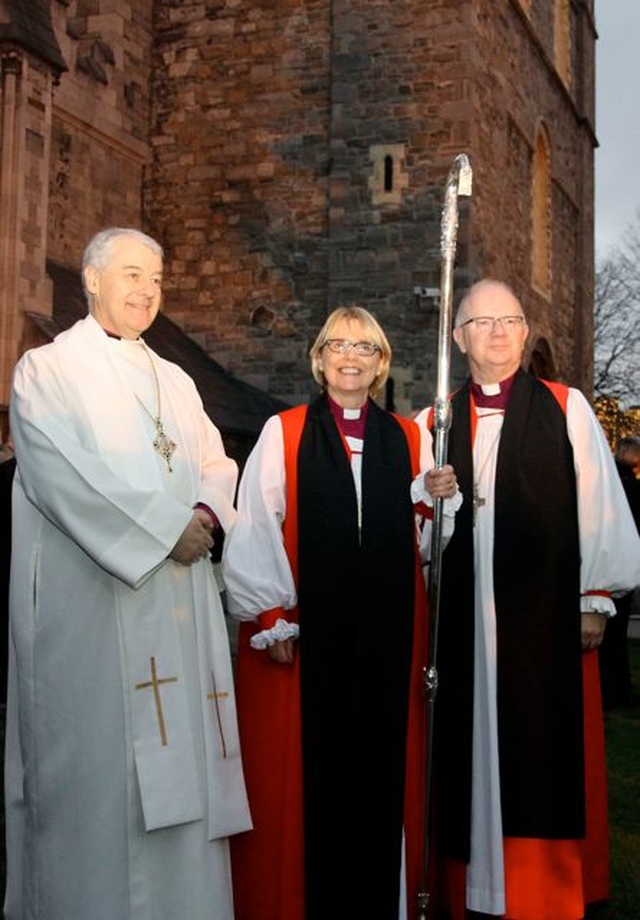 The newly ordained Bishop of Meath and Kildare, the Most Revd Patricia Storey (centre) is pictured with the Archbishop of Armagh and Primate of All Ireland, the Most Revd Dr Richard Clarke (right) and the Archbishop Dublin and Primate of Ireland, the Most Revd Dr Michael Jackson (left) before her consecration in Christ Church Cathedral on Saturday November 30 2013. 