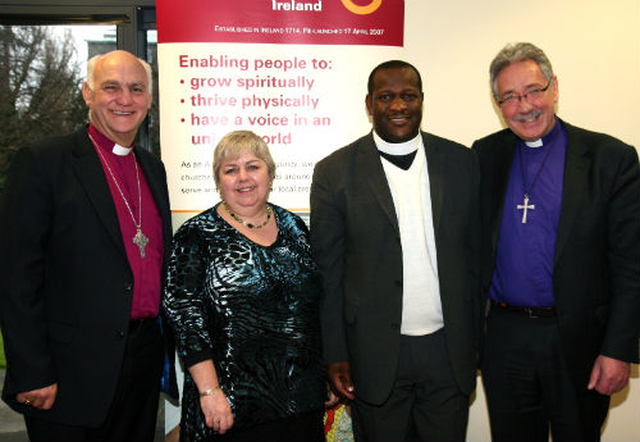 Bishop of Kilmore, the Right Revd Ken Clarke; Linda Chambers, national director of USPG Ireland; Archdeacon Bheki Magongo from the Diocese of Swaziland; and Bishop of Limerick and Killaloe, the Right Revd Trevor Williams at Church of Ireland House in Rathmines where an informal reception was held to welcome the visiting Archdeacon to Ireland. 