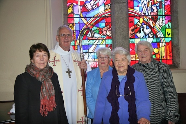 Archbishop John Neill pictured with sisters Phyllis Bird, Bernie Threlfall, Nuala Boyle and Colette O'Leary at the service to dedicate the St Francis stained glass window in Sandford Parish Church. The window is in memory of the Threlfall family. Absent from the picture is Lonnie Rogers who was unable to attend.