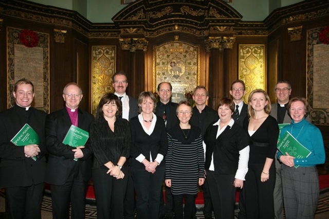 The Bishop of Meath and Kildare, the Most Revd Richard Clarke, Alison Cadden, the Revd Peter Thompson (Composers) and the Revd Gerald Field with the Choir of St Brigid's Church, Stillorgan at the launch of Singing Psalms in St Ann's Church, Dawson Street.