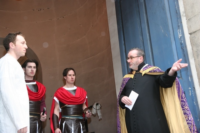 Jesus (Myles Gutkin) appears before Pilate (Joseph O'Gorman) at the St Werburgh's Parish Passion Play.