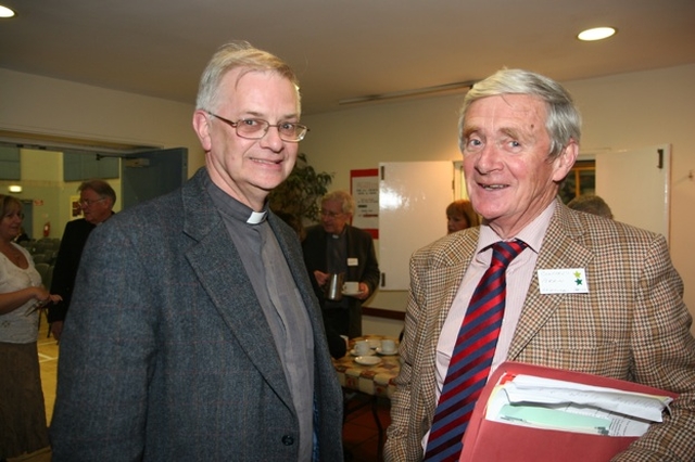 The Revd Canon John Clarke (Wicklow and Killiskey) (left) with Geoffrey Perrin (Rathmichael) during a break in the Dublin and Glendalough Diocesan Synods in Christ Church, Taney.