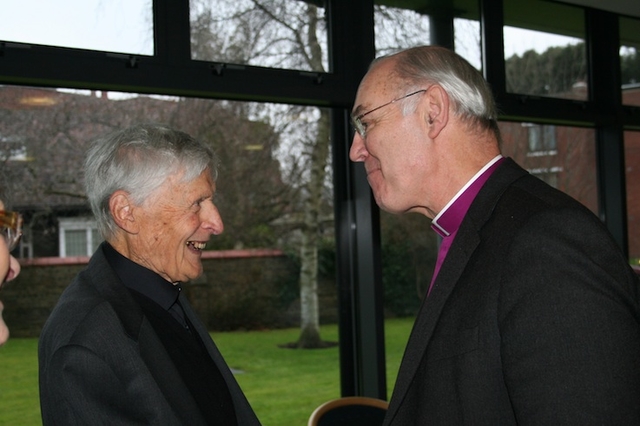 Canon Edgar Turner and the Most Revd Alan Harper, Archbishop of Armagh, pictured at the launch of Edgar Turner at 90 (edited by John Mann) in Church of Ireland House, Rathmines, Dublin. Photo: Paul Harron. 