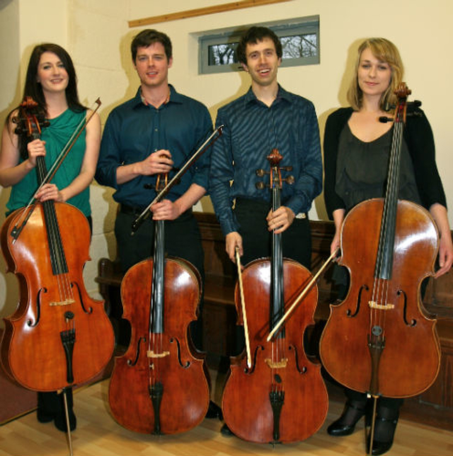 Members of the 4 Cellos who played in Calary Church. They performed at the first concert of the 2012 Music in Calary Season. 