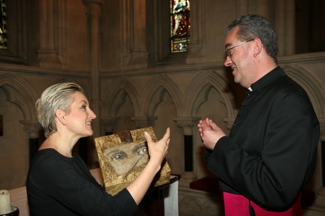 Ludmila Pawlowska showing one of her pieces to the Dean of Christ Church Cathedral, the Very Revd Dermot Dunne. Ludmila's work will be on display at the Icons in Transformation exhibition in Christ Church Cathedral from 11 June to 19 July.