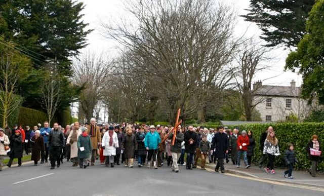 Participants in the Greystones Churches’ Good Friday Walk approach St Patrick’s Church. About 200 people took part in the walk drawn from St Patrick’s Church of Ireland, Holy Rosary Church, Nazarene Community Church, Greystones Presbyterian Church, Hillside Evangelical Church, YMCA Greystones and Greystones Community Church.