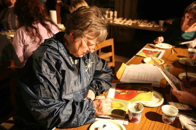 Paula Welch from Pine City New York writing an Icon of St Brigid at a demonstration of Icon Writing in Christ Church Cathedral. The demonstration of Icon Writing will run from 19-21 October 2009.