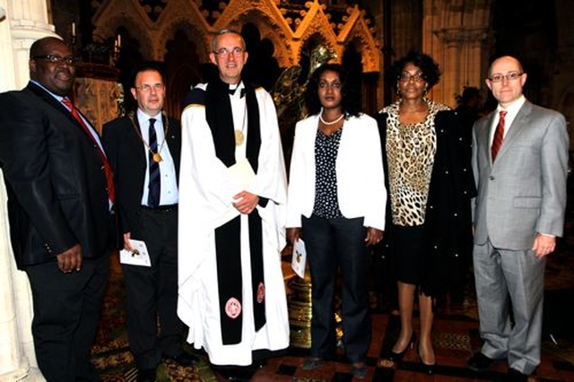 Pictured at the Prayer Service for Nelson Mandela which took place in Christ Church Cathedral on June 20 are the South African Ambassador, HE Jeremiah Ndou; Cllr Ruairí McGinley, representing the Lord Mayor of Dublin; the Dean of Christ Church Cathedral, the Very Revd Dermot Dunne; the Ethiopian Ambassador, HE Lela–alem Gebreyohannes Tedla; the Kenyan Ambassador, HE Catherine Muigai Mwangi; and Gregory Morrison, representing the Embassy of the United States of America. 
