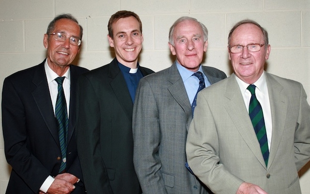 The Revd Dr William Olhausen with his three godfathers; Richard Lamb, Rodney Stafford, Ben Crawford, following his institution as Rector of Killiney-Ballybrack. Photo: David Wynne