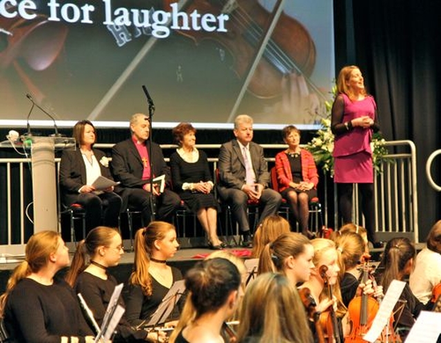 The official opening of the Henrietta White Building at Alexandra College, Dublin, took place on Friday December 6. Pictured is deputy principal, Aideen Corr, introducing the evening which took place in the fantastic new multi purpose building.  The platform party was school principal Barbara Ennis; the Archbishop of Dublin, Dr Michael Jackson; special guest, Irish hockey player, Olympian and Alex past pupil, Maeve Kyle; chairperson of the board of  management, Jimmy Menton; and vice chairperson of the school’s council, Judy Woodworth. 