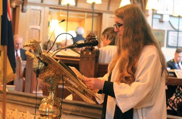 The Revd Ása Björk Ólafsdóttir (Christ Church Dun Laoghaire) during the ecumenical service to mark the 70th anniversary of the D–Day landings which took place in Monkstown Church on Saturday June 7. (Photo: Patrick Hugh Lynch)