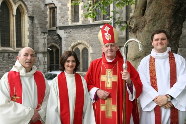 Pictured with the Archbishop of Dublin, the Most Revd Dr John Neill at their ordinations are (left to right) the Revd Robert Lawson, the Revd Anne-Marie O'Farrell and the Revd Stephen Farrell.