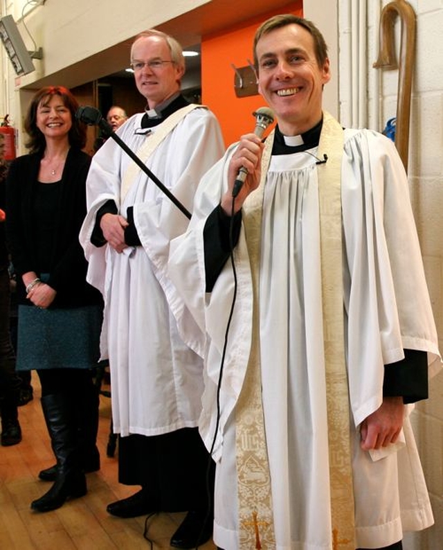 Revd Dr William Olhausen welcomes parishioners and visitors to the newly renovated church hall at St Matthias’s Church in Killiney–Ballybrack. Also pictured is Revd Niall Stratford. The hall was officially opened and dedicated on November 25. 