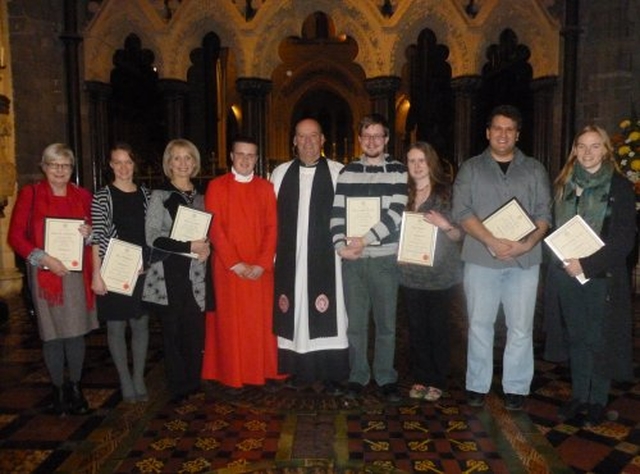 Students from the Archbishop of Dublin’s Certificate in Church Music were presented with their certificates  in Christ Church cathedral at Evensong on Sunday 20 November 2011.

These are (from left to right): June Lee Mac Curtain (who has completed the three year course); Inga Hutchinson (who has completed Year 1); Helen O’Toole (who has completed the three year course); Jamie Boshell (who has completed Year 1); Archdeacon Ricky Rountree (Chairman of the Dublin and Glendalough Church Music Committee); Damian Griffith–Bourke (who has completed the three year course); Helen Dawson (who has completed Year 2); Tristan Clarke (who has completed the three year course) and Róisín Rowley–Brooke (who has completed Year 2).  Beth Burns (who has completed Year 1); Richard Whittern (who has completed Year 1) and Róisín Burbridge (who has completed Year 2) were unable to be present.