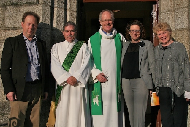 Stephen Newell, rector's churchwarden; the Revd Terry Lilburn, Curate-Assistant; the Revd Canon David Moynan, Rector; Sarah Marry, 2nd year CITI ordinand; and Ann Walsh, people's churchwarden, at the service in Kilternan Parish Church to mark the 25th Anniversary of David's ordination to the diaconate.