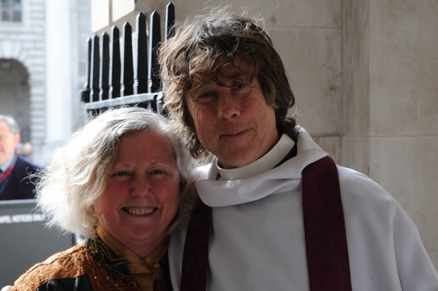 Pictured is Deirdre Docherty with the Revd Peter Owen Jones after he spoke at Sunday Morning Eucharist in Trinity College Dublin.