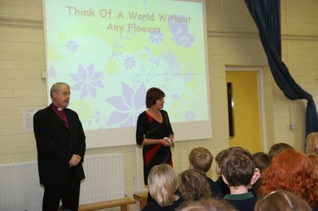 Principal of Glenageary Killiney National School, Sadie Honner, introduces Archbishop Michael Jackson at assembly before the dedication and official opening of the school’s new outdoor classroom. 