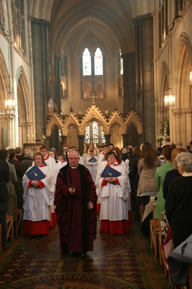 Led by Verger, Patrick Tierney, the Choir of Christ Church Cathedral process out following the Easter Day Eucharist in the Cathedral.