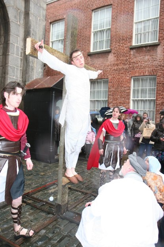 The crucifixion at the St Werburgh's Parish Passion Play. Pictured are Myles Gutkin (Jesus), Joseph Cully and Jonathan East (Roman Soldiers), Gabriel Peelo (at the foot of the cross).
