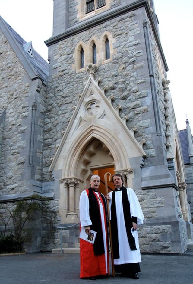 Archbishop Michael Jackson and rector, the Revd Gary Dowd, outside St Paul’s Church, Glenageary, following the Service of Thanksgiving for the restoration of the church. 