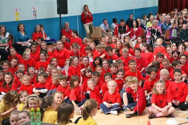 School children at the West Glendalough Childrens' Festival in St Laurence's GAA Centre, Narraghmore. 