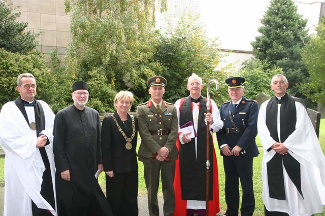 Pictured at the law service in St Michan's are (left to right), the Dean of Christ Church, the Very Revd Dermot Dunne, Fr Godfrey O'Donnell of the Romanian Orthodox Church (who gave the address), the Lord Mayor of Dublin, Cllr Eibhlín Byrne, Brig Gen Chris Moore of the Defence Forces, the Archbishop of Dublin, the Most Revd Dr John Neill, Assistant Commissioner Eddie Rock and the Venerable David Pierpoint, Archdeacon of Dublin.