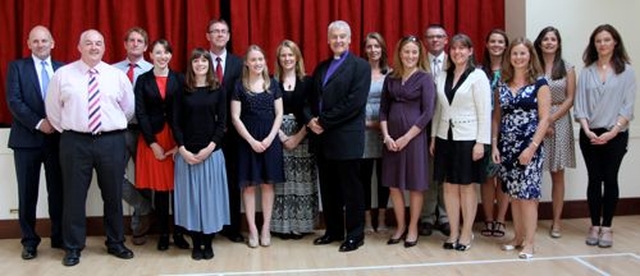 The Principal, Alan Cox (far left) and teachers of Temple Carrig School with Archbishop Michael Jackson (centre) following the Service of Dedication of the School. 