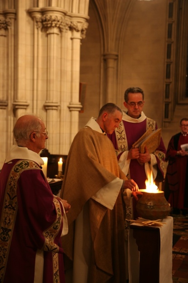 Burning last years' palm crosses for ash on Ash Wednesday in Christ Church Cathedral. Pictured left to right are the Revd Canon John Bartlett, the Archdeacon of Dublin, the Venerable David Pierpoint and the Dean of Christ Church Cathedral, the Very Revd Dermot Dunne.