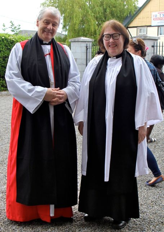 Archbishop Michael Jackson and the Revd Olive Donohoe outside St Michael’s Church, Athy, following the West Glendalough Children’s Choral Festival. 