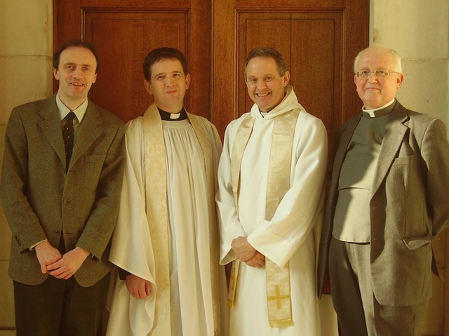 Pictured at the Chapel of Trinity College Dublin, where he preached at the Choral Eucharist, is Canon Giles Goddard, chair of Inclusive Church (2nd from right). Pictured with Canon Goddard are (left to right) Dr Richard O'Leary, the Revd Darren McCallig, Dean of Residence TCD and the Revd Mervyn Kingston. Photo: TCD Chaplaincy.