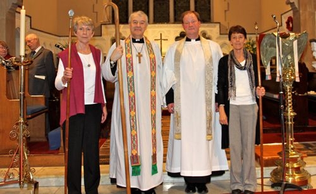 Church wardens Carolyn Peare (left) and Lin Wilson Long with Archbishop Michael Jackson and the new rector of Dalkey, the Revd Bruce Hayes, following his the Service of Institution in St Patrick’s Church on April 12. 