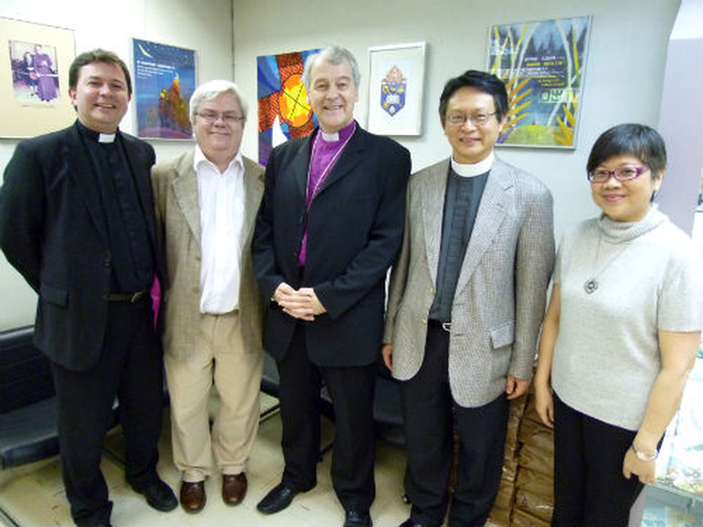 Revd Dr Alan McCormack, Rector of Bishopsgate and Hong Kong Liaison of Dublin University Far Eastern Mission; Dr Kerry Houston, Treasurer of DUFEM, Archbishop Michael Jackson; with the senior team in Hong Kong, the Revd Dr Thomas Pang, Director of the Religious education Resource Centre in Hong Kong; and Ms Isabella Luk of St Paul’s Church Council in Hong Kong.