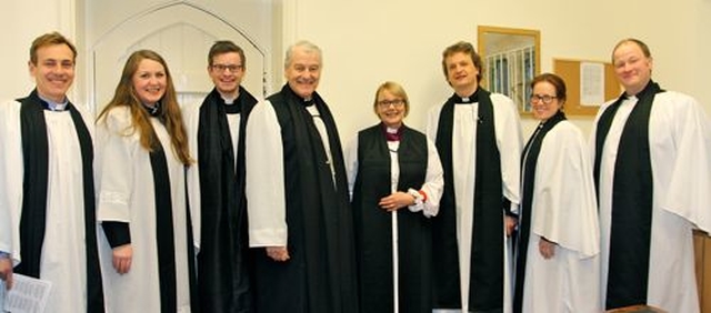 The Revd Dr William Olhausen (St Matthias’), the Revd Ása Bjork Ólafsdóttir (Christ Church, Dun Laoghaire), the Revd Niall Sloane (Holy Trinity), Archbishop Michael Jackson, Bishop Pat Storey, the Revd Gary Dowd (St Paul’s), the Revd Abigail Sines (St Paul’s) and the Revd Bruce Hayes (Dalkey) in St Paul’s Church in Glenageary where Bishop Storey spoke as part of a Holy Week series she gave in the cluster of parishes. 