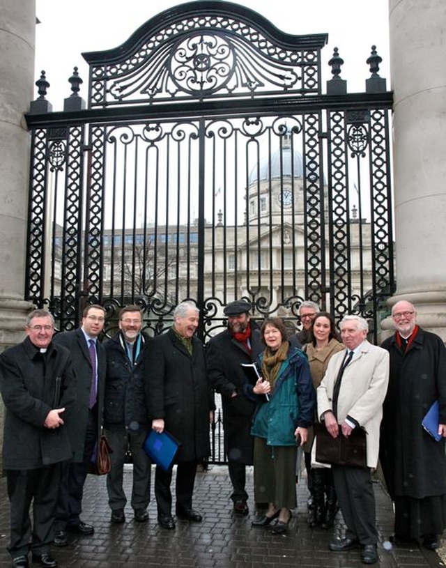 Members of the Irish and European Churches outside Government Buildings in Dublin prior to their meeting with the Irish EU Presidency on Friday March 8. The meeting with An Taoiseach Enda Kenny, was organised by the Irish Council of Churches on behalf of the Conference of European Churches (CEC) and the Commission of the Bishops’ Conferences of the European Churches. Pictured (l–r) are Bishop William Crean, Bishop of Cloyne; Mervyn McCullagh Executive Officer, Irish Council of Churches/Irish Inter Church Meeting; Fr Patrick Daly, General Secretary of Comece; Archbishop Michael Jackson, Church of Ireland Archbishop of Dublin; Michael Kuhn, Vice General Secretary of Comece; Gillian Kingston, Lay Leader of the Methodist Church in Ireland; Revd Frank–Dieter Fischbach, Executive Secretary of CEC–Church and Society Commission; Dr Nicola Rooney, Council for Justice and Peace of the Irish Episcopal Conference; Dr Kenneth Milne, Coordinator of European Engagement Group of the Irish Council of Churches/Irish Inter Church Meeting; and Revd Fr Godfrey O’Donnell, President of the Irish Council of Churches and Chair of the Orthodox Network of Churches. 