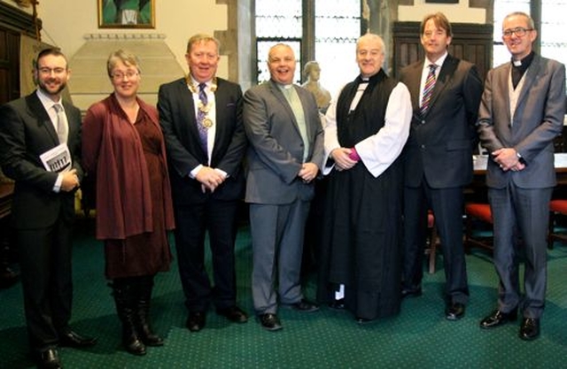 Dr Ken Fennelly, Secretary to the Board of Education (RI); Dr Anne Lodge, Principal of the Church of Ireland College of Education; Sean McMahon, President of INTO; the Revd Nigel Mackey, Chaplain at Wesley College; the Archbishop of Dublin, the Most Revd Dr Michael Jackson; Brendan Doody of the Department of Education and Skills; and the Dean of Christ Church Cathedral, the Very Revd Dermot Dunne following the Dublin and Glendalough Diocesan Schools Service in Christ Church Cathedral. 