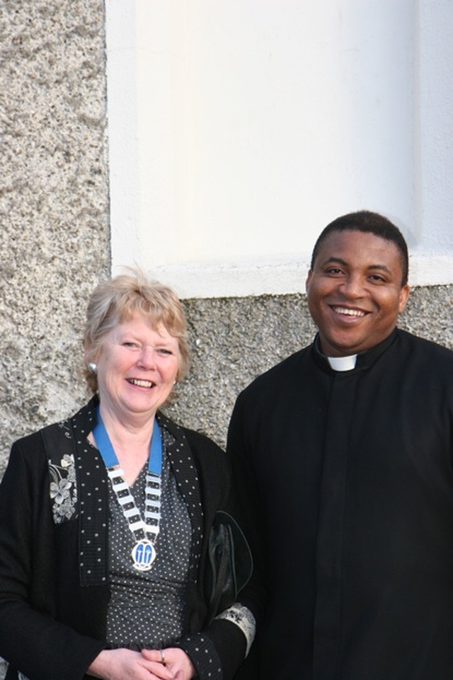 The Revd Obinna Ulogwara, Diocesan Chaplain to the International Community (right) with Ann Walsh, Diocesan President of the Mothers' Union after the Discovery Mothering Sunday Service in St John's Clondalkin.