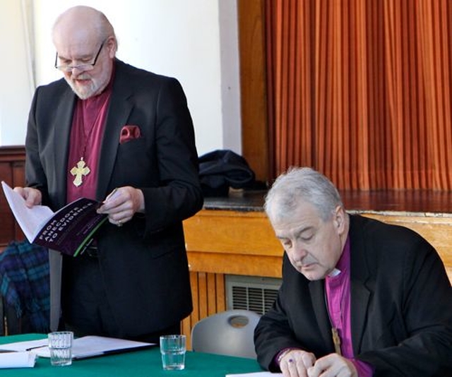 The Rt Revd Richard Chartres, the Bishop of London (left) addressed the clergy of Dublin and Glendalough in the Church of Ireland College of Education this morning, Thursday February 27). He spoke of a number of initiatives which had helped revitalise his diocese. Also pictured is the Archbishop of Dublin, the Most Revd Dr Michael Jackson. 