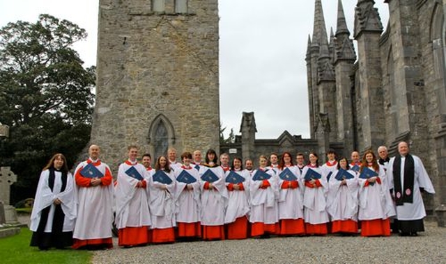 The Choir of Christ Church Cathedral with Rector of Tallaght, Canon William Deverell (far right), the Revd Robert Kingstown and the Revd Avril Bennett outside St Maelruain’s Church. This was just the second time the choir had left the cathedral to sing in one of the parishes of the dioceses.