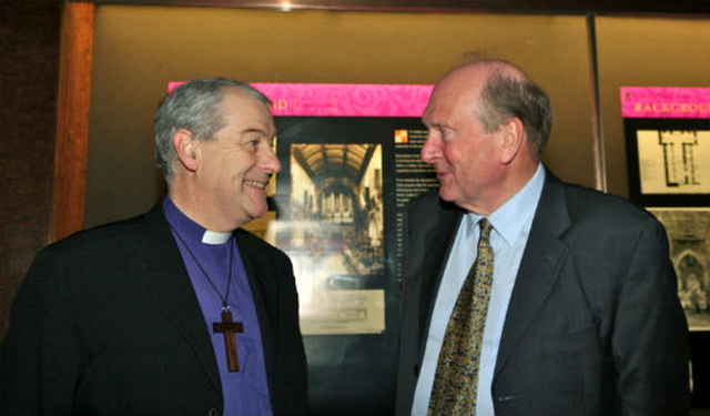 The Archbishop of Dublin, the Most Revd Dr Michael Jackson,  and the chairman of the Irish Architectural Archive, Michael Webb, discuss the ‘Christ Church Restored’ exhibition at its launch in the Irish Architectural Archive. 
