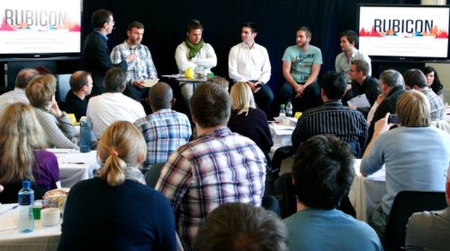 Gavin Jennings of RTE chairs a panel discussion at Rubicon on Entrepreneurship and Faith. On the panel are Graham Jones of the Solas Project, Ferg Brown of the Roasted Brown Coffee and Art Centre, Justin Morton of KIT International Trading, Joseph von Meding  of Tiny Ark and Cameron Stewart of Born Innovation and formerly Ark Clothing. 