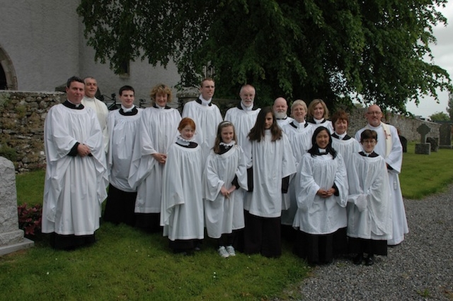 The choir and clergy of All Saints' Grangegorman following the morning Eucharist in St Lasarian's Cathedral, Leighlin. Photo: Fred Meijer. 