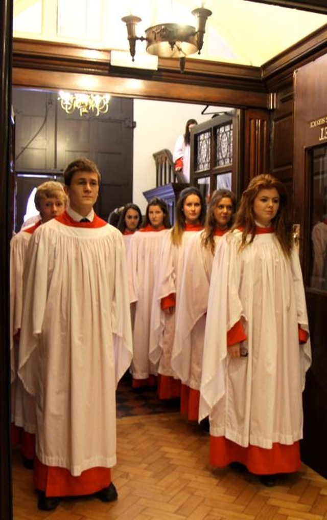 The choir of The King’s Hospital School enter St Ann’s Church, Dawson Street, for the annual Service of Thanksgiving for the Gift of Sport which took place yesterday evening (March 30). 