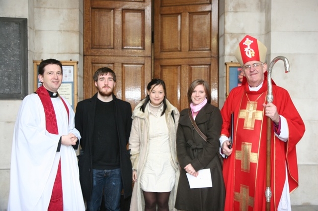 Pictured with the Archbishop of Dublin, the Most Revd Dr John Neill (right) and the Chaplain of Trinity College Dublin, the Revd Darren McCallig (left) after their confirmation in Trinity College Chapel are (left to right) Finbar Goode Begley, Tanya Moeller and Jessica Stone.