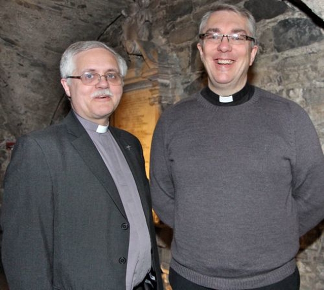 The Revd Ken Rue and the Revd Garth Bunting at the launch of BACI’s 2014 Lent Bible Study resource in Christ Church Cathedral yesterday (January 17). 