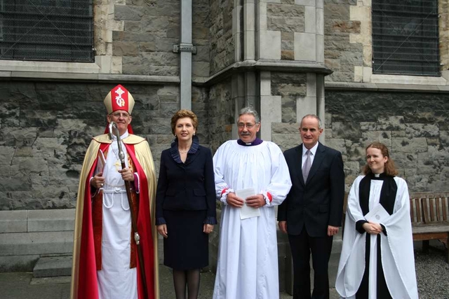 Pictured is HE the President of Ireland, Mary McAleese and Dr Martin McAleese arriving for the consecration of the Rt Revd Trevor Williams as Bishop of Limerick and Killaloe. Also present is the Archbishop of Dublin, the Most Revd Dr John Neill (left) who officiated and the Revd Elaine Dunne (right), who acted at the President's Chaplain for the service.