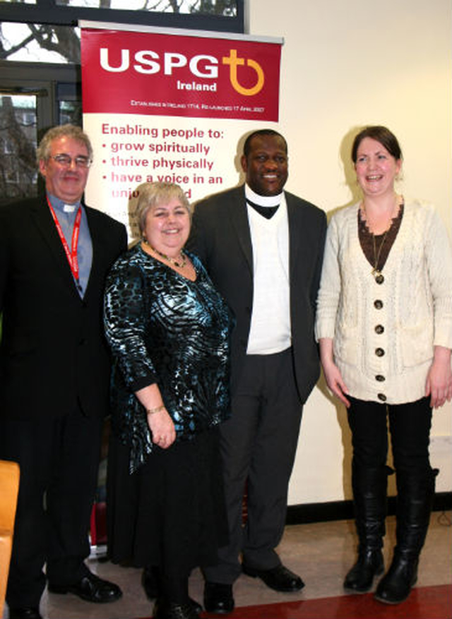 Canon Ted Ardis, rector of Donnybrook and Irishtown, national director of USPG Ireland, Linda Chambers and Bishops’ Appeal education officer, Lydia Monds welcome Archdeacon Bheki Magongo from the Diocese of Swaziland