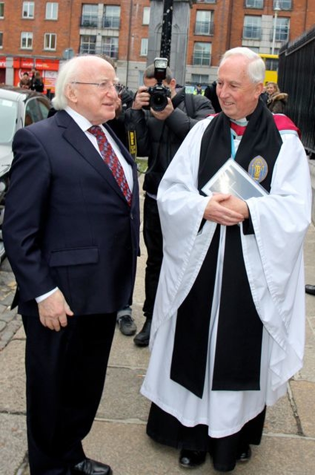 President Michael D Higgins is greeted by the Dean of St Patrick’s Cathedral, the Very Revd Victor Stacey before the Service of Choral Evensong to mark Remembrance Sunday in St Patrick’s Cathedral, Dublin. Also in attendance were the Lord Mayor of Dublin Oisín Quinn, Minister for Arts, Heritage and the Gaeltacht Jimmy Deenihan and DUP MP Jeffrey Donaldson. The preacher was the Revd Michael Stevenson, Rector of Bunclody and former Army Chaplain. 